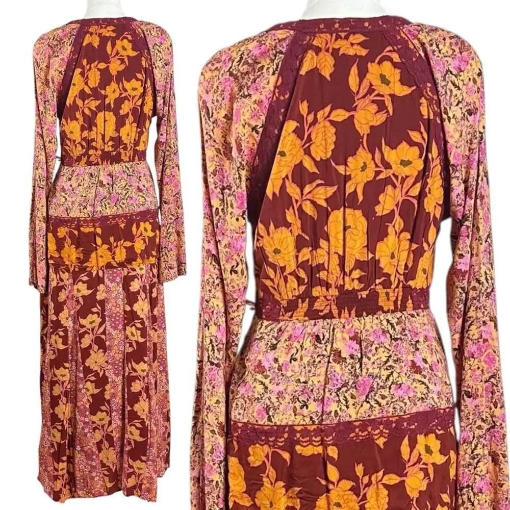 Free People Bohemian Retro 70s Gypsy Floral Tilda Maxi Dress Size Medium - Picture 3 of 8